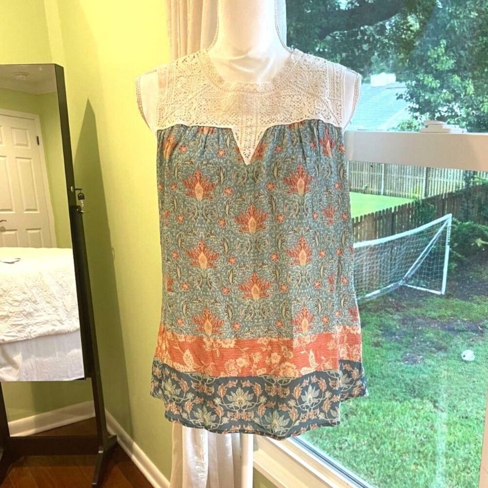 Maeve Floral Boho Lace Top S Sleeveless Flowy Lightweight Cottagecore Prairie - Picture 5 of 12